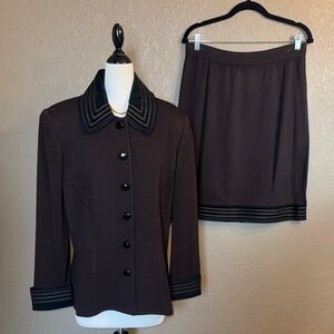 Stunning Vintage St. John Dark Brown Skirt Set with Gorgeous Trim Accents